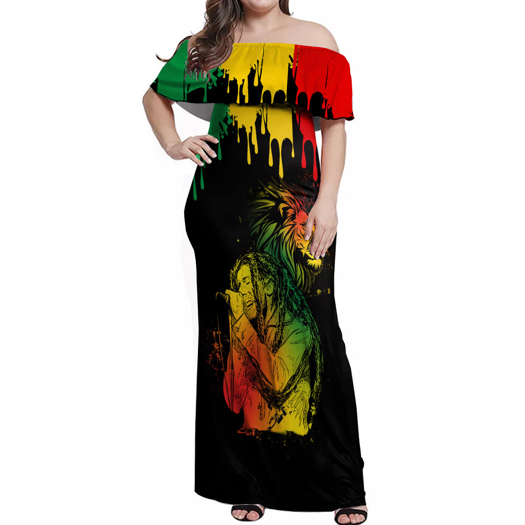 Jamaica Reggae Off Shoulder Maxi Dress Legend Bob Sketch Style One Love - Wonder Print Shop