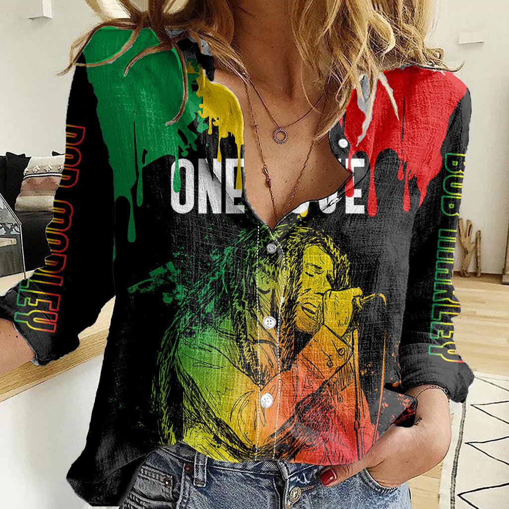 Women’s casual button-up shirt with long sleeves, black base, colorful reggae print