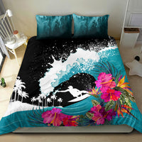 Surfing bedding set with teal wave swirls, surfer silhouette, tropical flowers on black and white