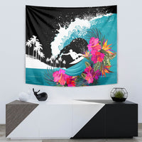 Black surf rider tapestry featuring turquoise waves, pink blossoms, and palm tree silhouettes