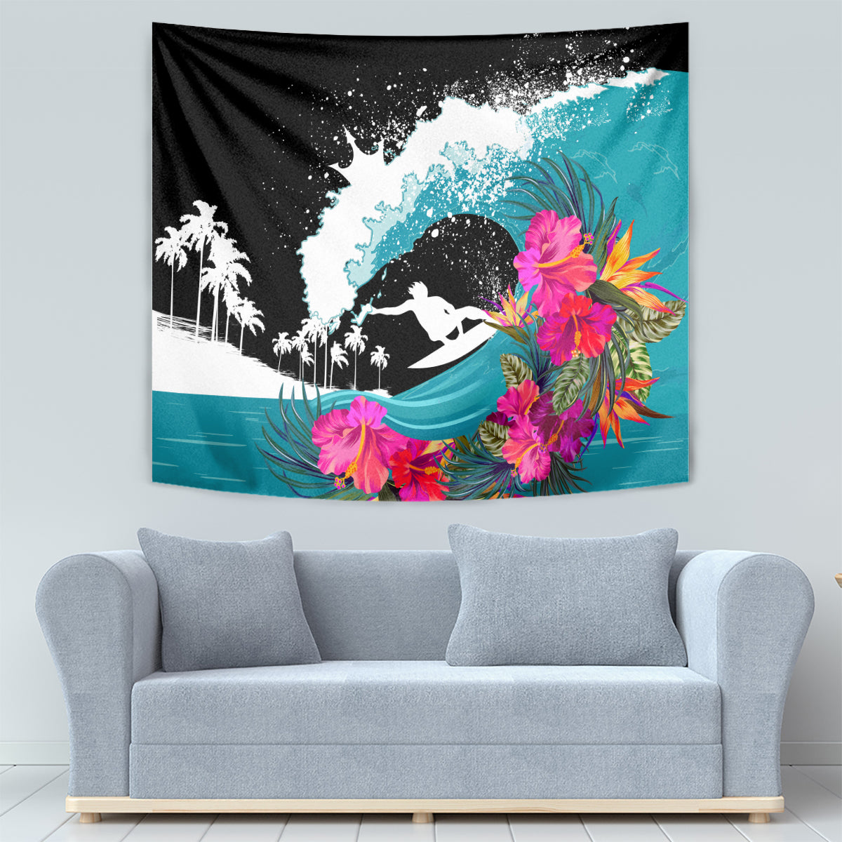 Black surf rider tapestry with turquoise ocean splash, pink flowers, and palm trees