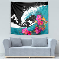 Black surf rider tapestry with turquoise ocean splash, pink flowers, and palm trees