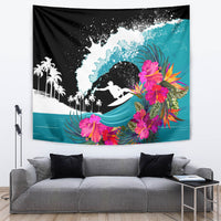 Black surf rider wall tapestry with turquoise waves and vivid pink tropical flower cluster
