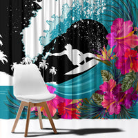 Black, teal, and white wave window curtain with bright pink flowers and leaf accents