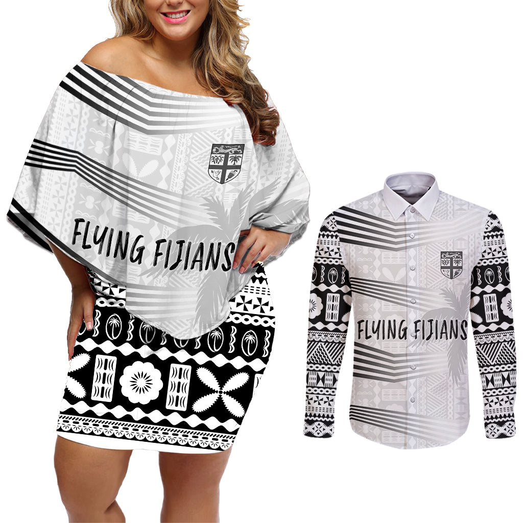 Personalised Fiji Rugby Couples Matching Off Shoulder Short Dress and Long Sleeve Button Shirts Kaiviti WC 2023 Jersey Replica - White LT7 - Wonder Print Shop