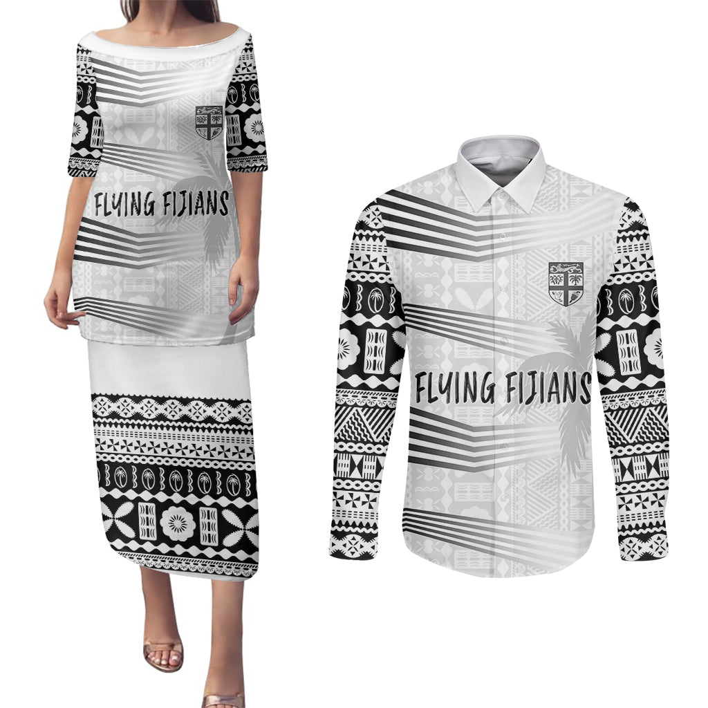 Personalised Fiji Rugby Couples Matching Puletasi Dress and Long Sleeve Button Shirts Kaiviti WC 2023 Jersey Replica - White LT7 - Wonder Print Shop