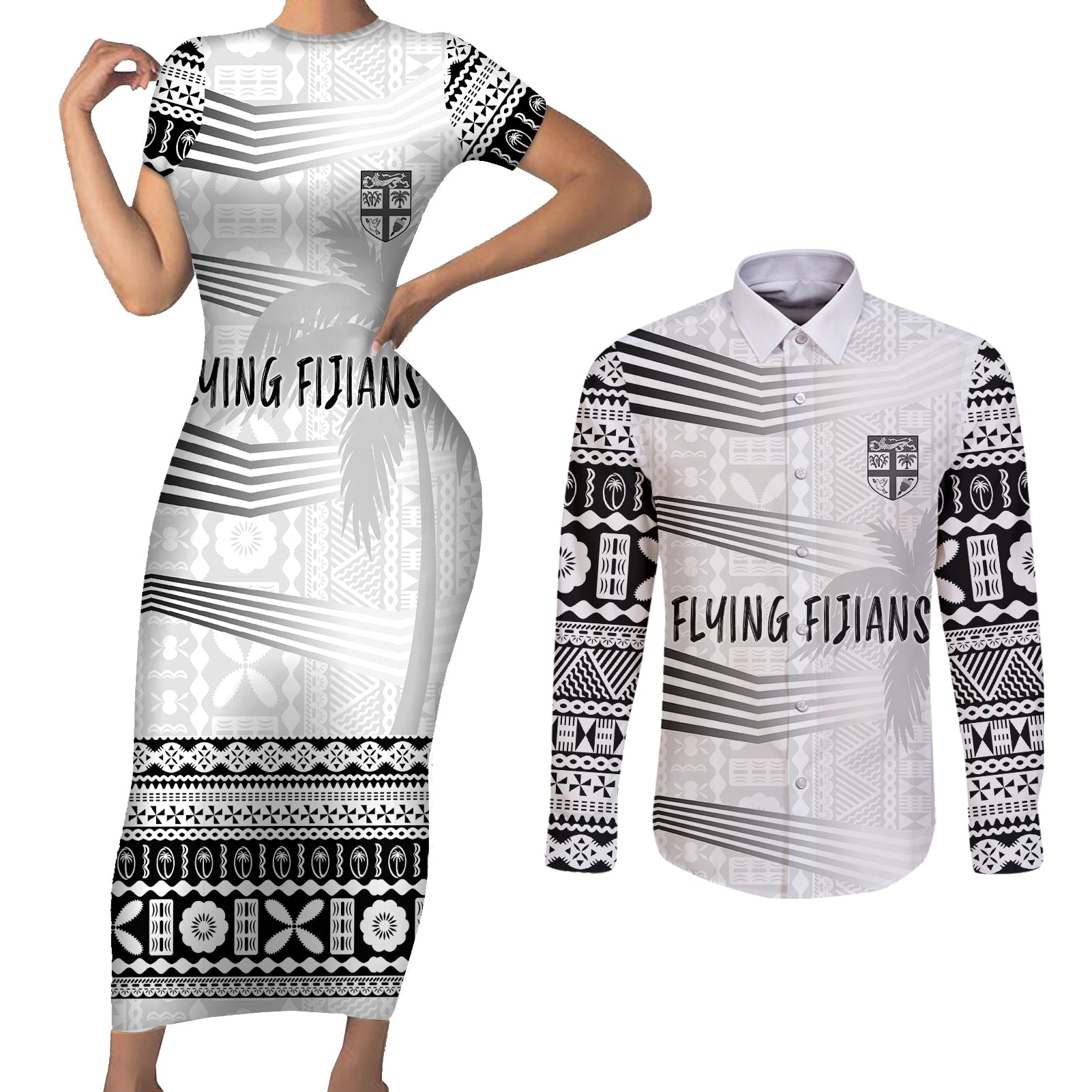 Personalised Fiji Rugby Couples Matching Short Sleeve Bodycon Dress and Long Sleeve Button Shirts Kaiviti WC 2023 Jersey Replica - White LT7 - Wonder Print Shop