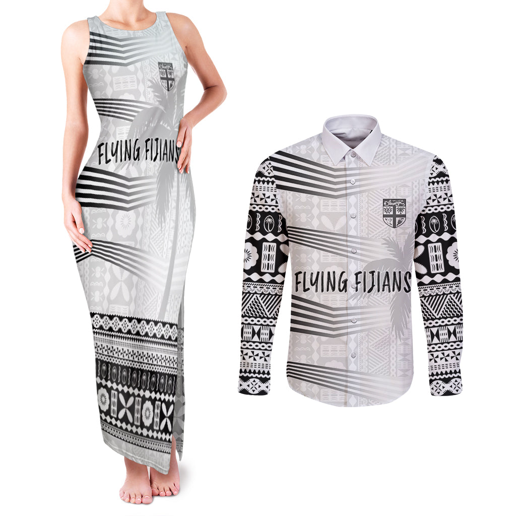 Personalised Fiji Rugby Couples Matching Tank Maxi Dress and Long Sleeve Button Shirts Kaiviti WC 2023 Jersey Replica - White LT7 - Wonder Print Shop