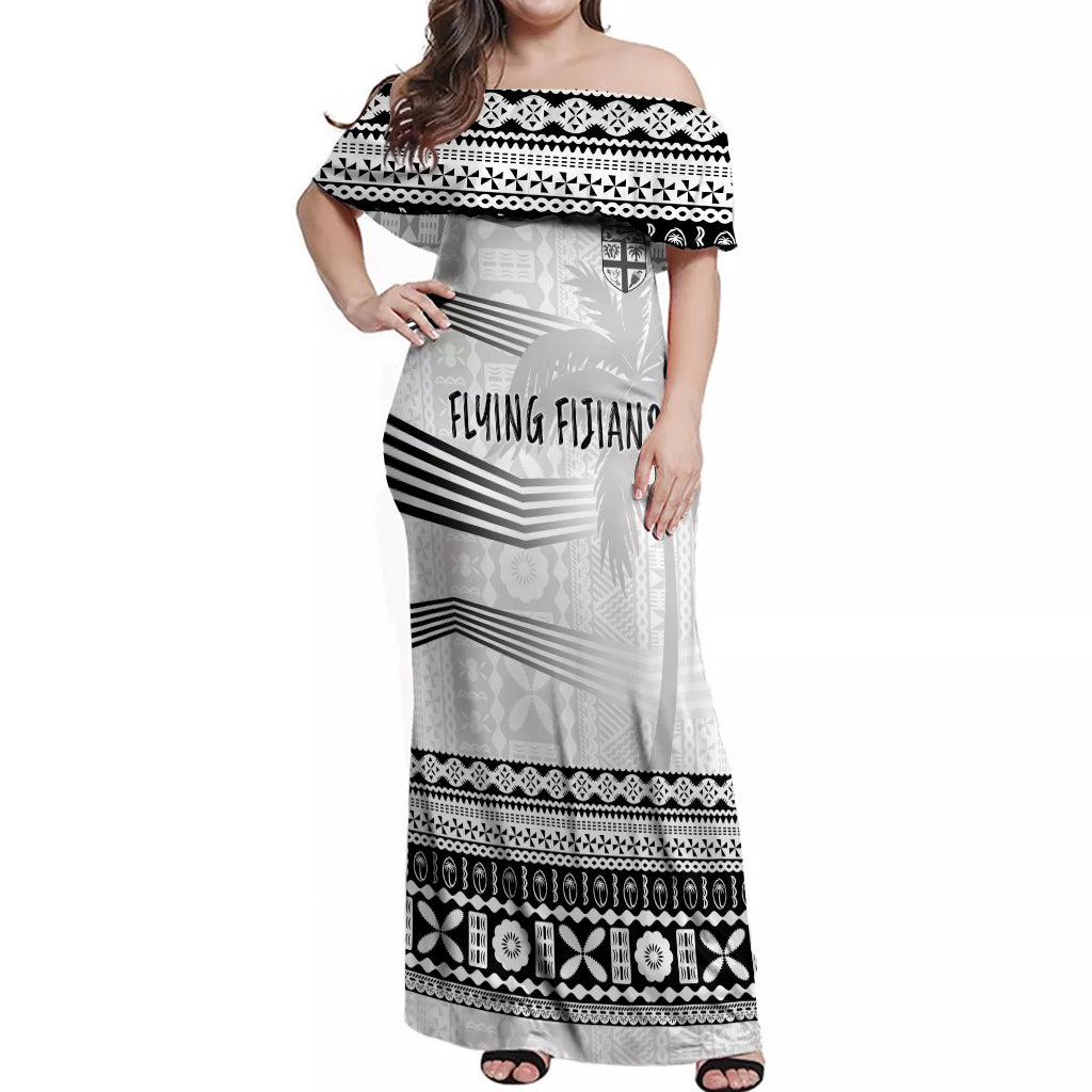 Personalised Fiji Rugby Off Shoulder Maxi Dress Kaiviti WC 2023 Jersey Replica - White - Wonder Print Shop