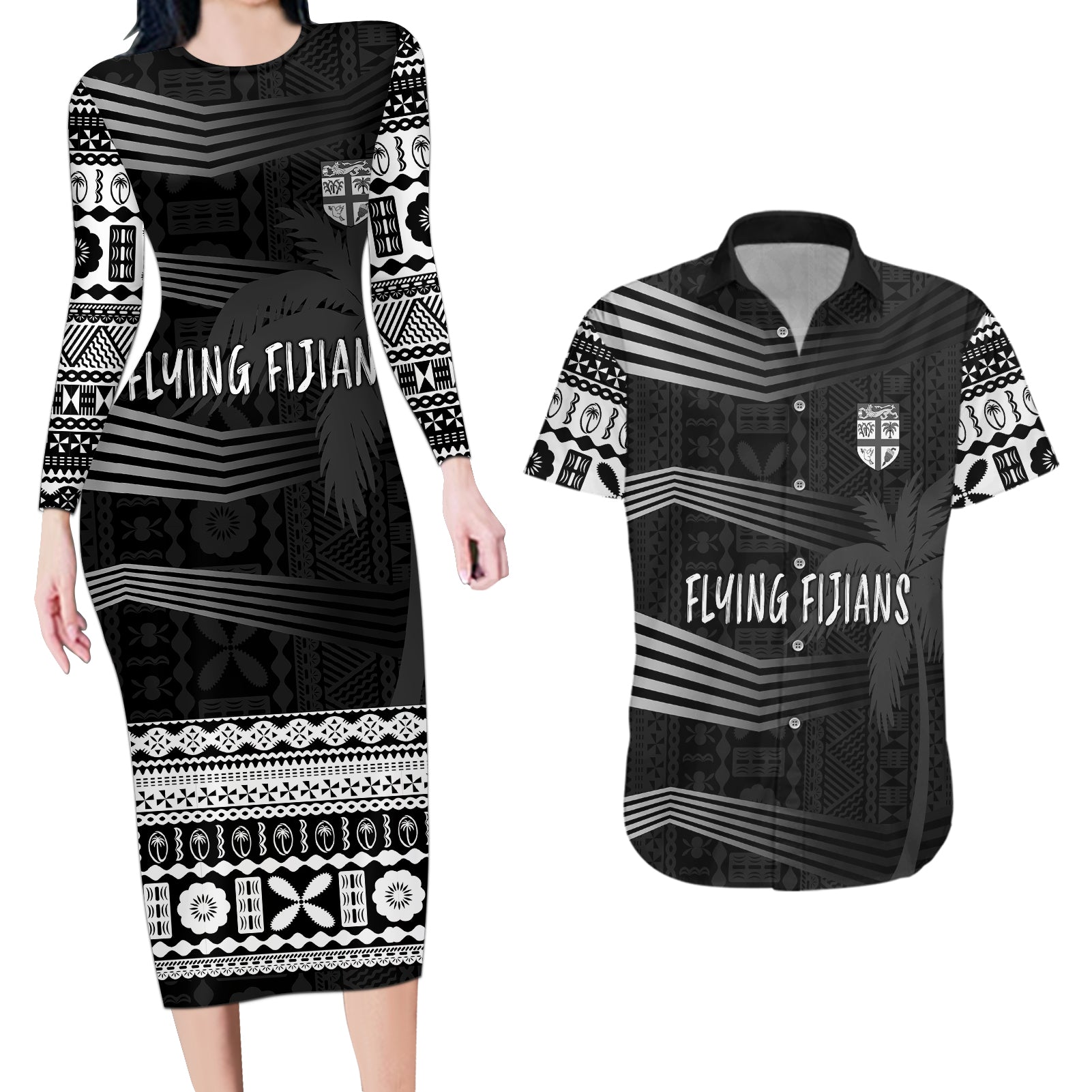 Personalised Fiji Rugby Couples Matching Long Sleeve Bodycon Dress and Hawaiian Shirt Kaiviti WC 2023 Jersey Replica - Black LT7 - Wonder Print Shop