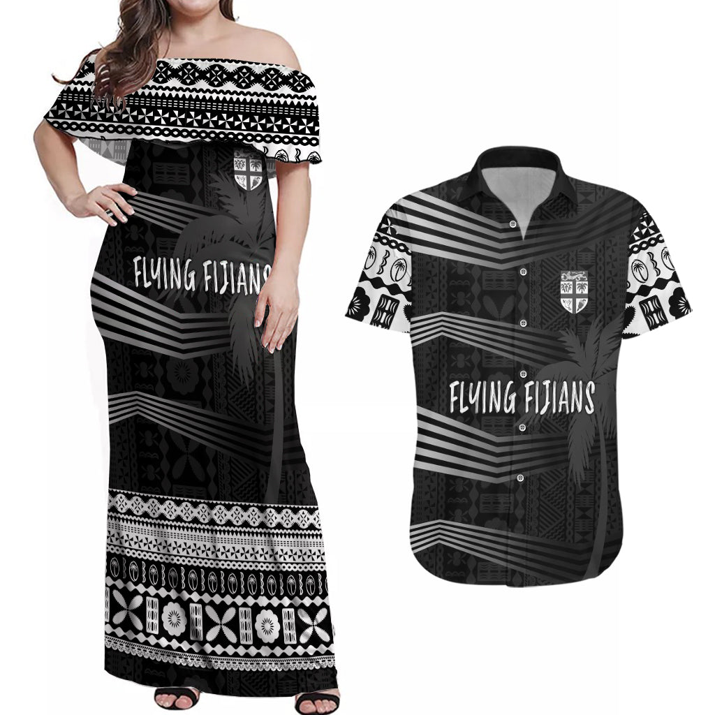 Personalised Fiji Rugby Couples Matching Off Shoulder Maxi Dress and Hawaiian Shirt Kaiviti WC 2023 Jersey Replica - Black LT7 - Wonder Print Shop