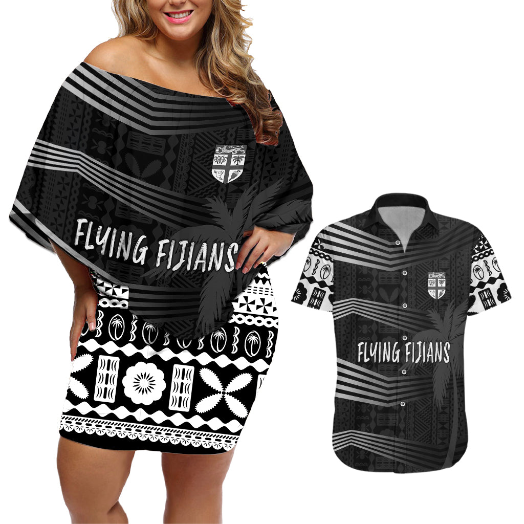 Personalised Fiji Rugby Couples Matching Off Shoulder Short Dress and Hawaiian Shirt Kaiviti WC 2023 Jersey Replica - Black LT7 - Wonder Print Shop