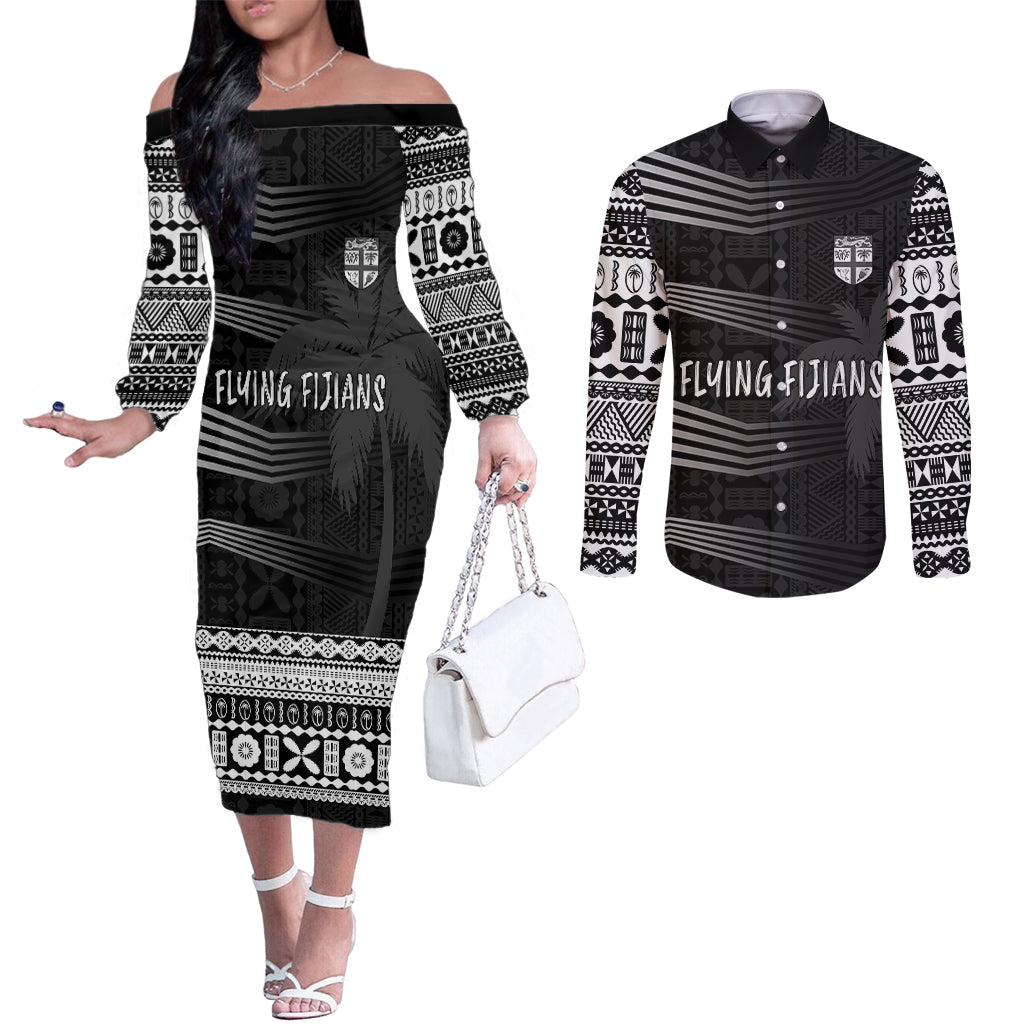 personalised-fiji-rugby-couples-matching-off-the-shoulder-long-sleeve-dress-and-long-sleeve-button-shirts-kaiviti-wc-2023-jersey-replica-black