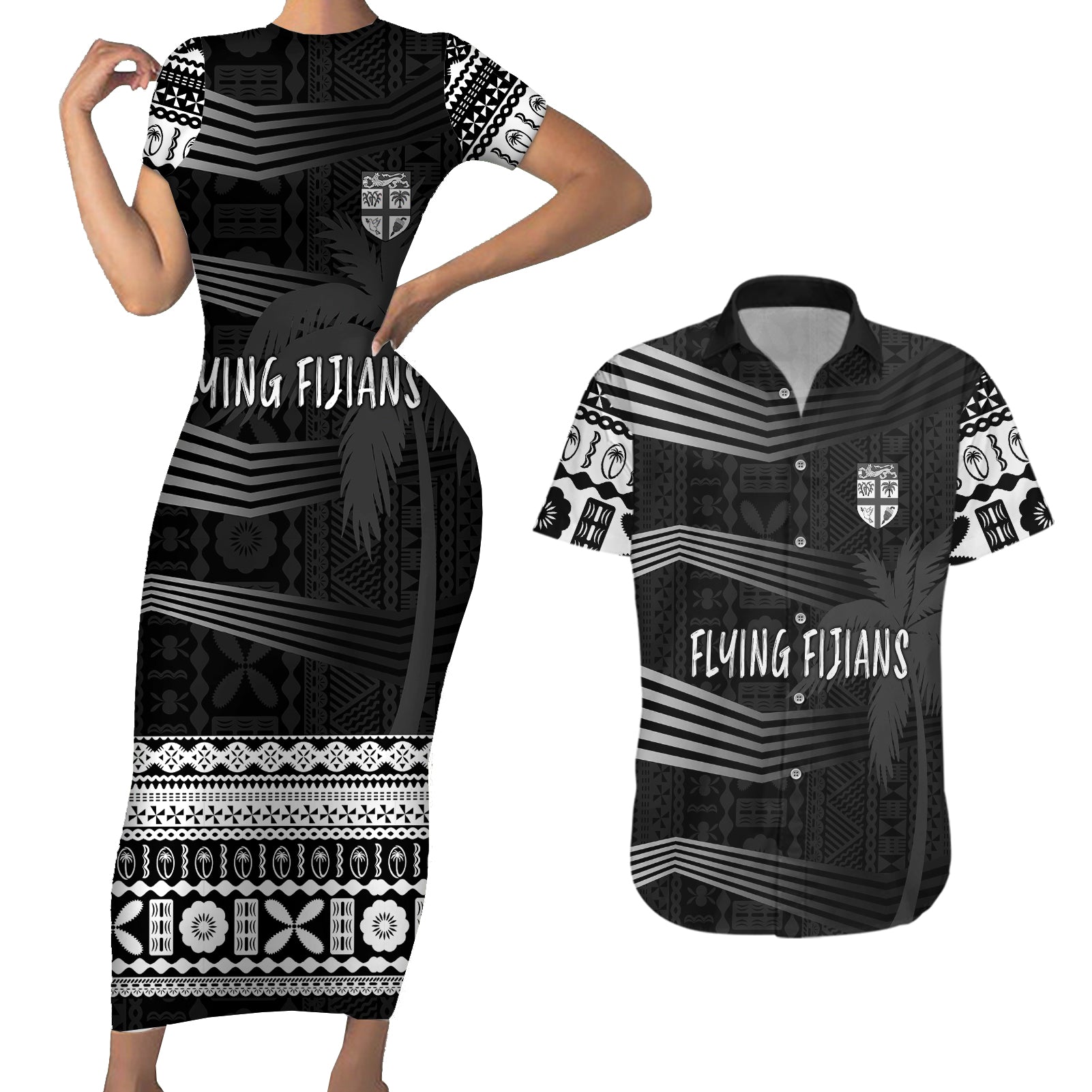 Personalised Fiji Rugby Couples Matching Short Sleeve Bodycon Dress and Hawaiian Shirt Kaiviti WC 2023 Jersey Replica - Black LT7 - Wonder Print Shop