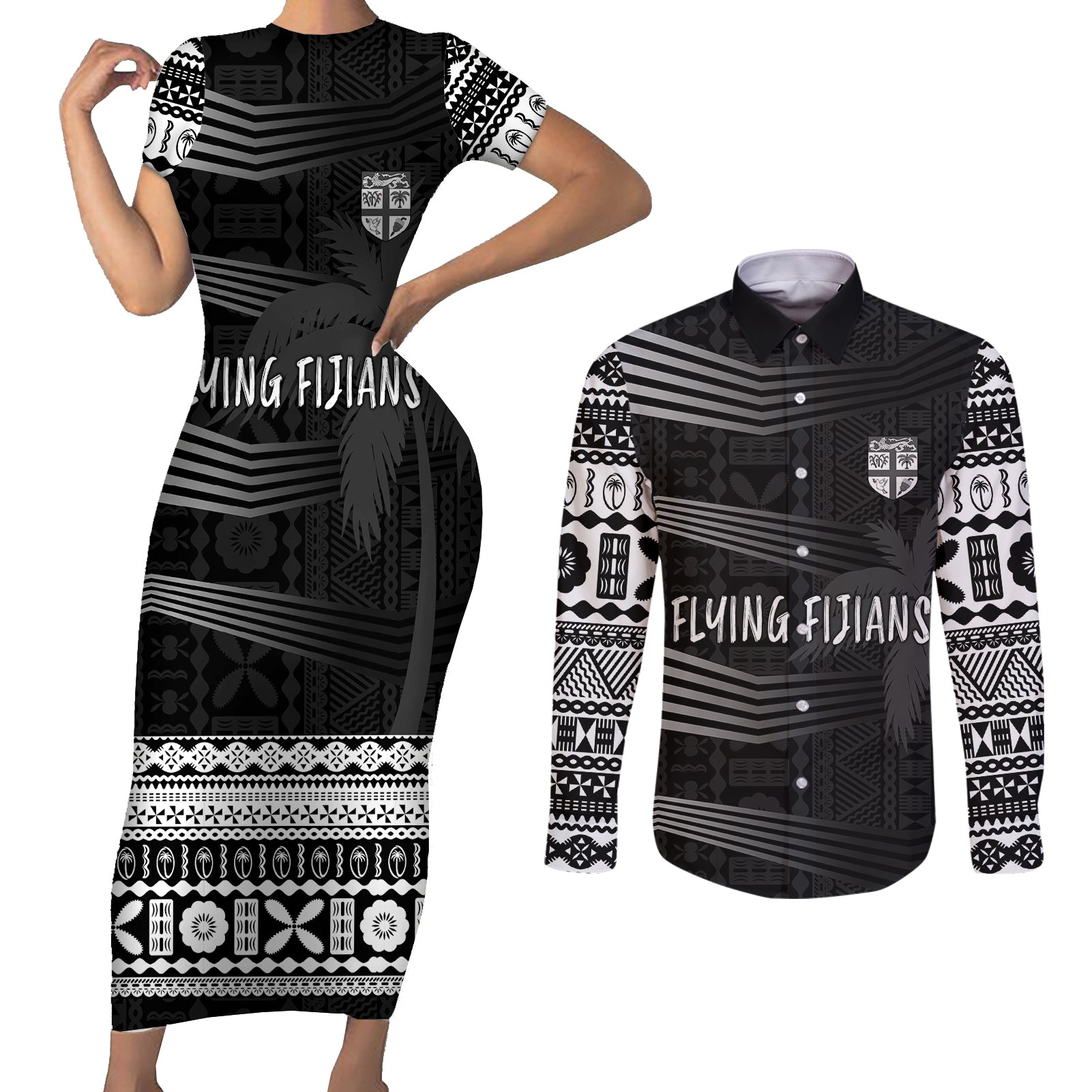 Personalised Fiji Rugby Couples Matching Short Sleeve Bodycon Dress and Long Sleeve Button Shirts Kaiviti WC 2023 Jersey Replica - Black LT7 - Wonder Print Shop