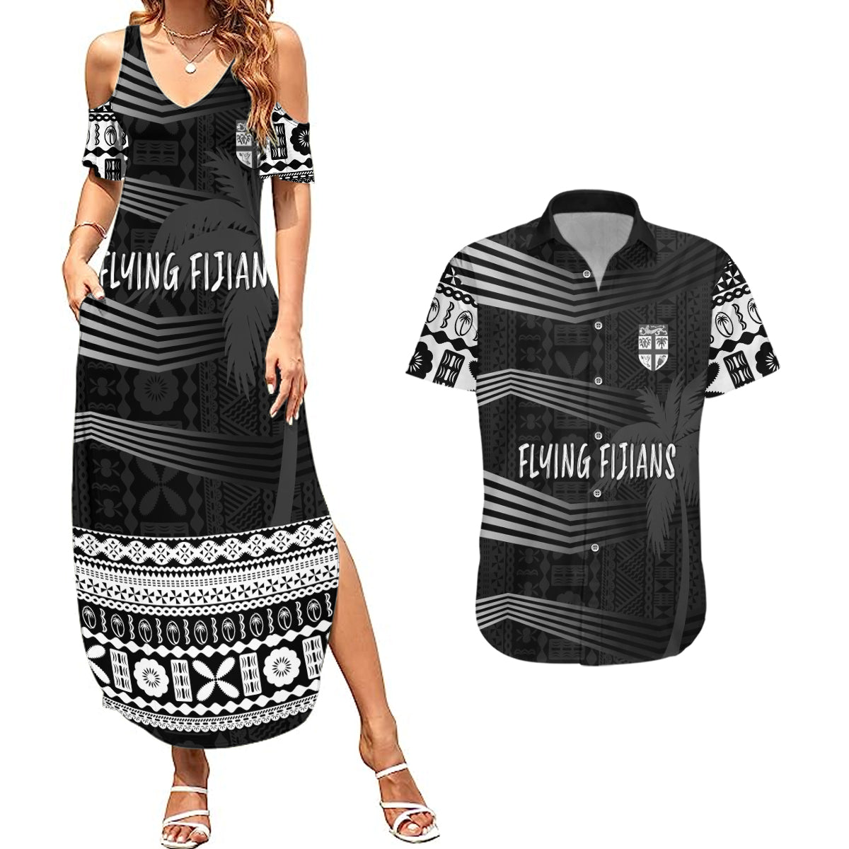 Personalised Fiji Rugby Couples Matching Summer Maxi Dress and Hawaiian Shirt Kaiviti WC 2023 Jersey Replica - Black LT7 - Wonder Print Shop