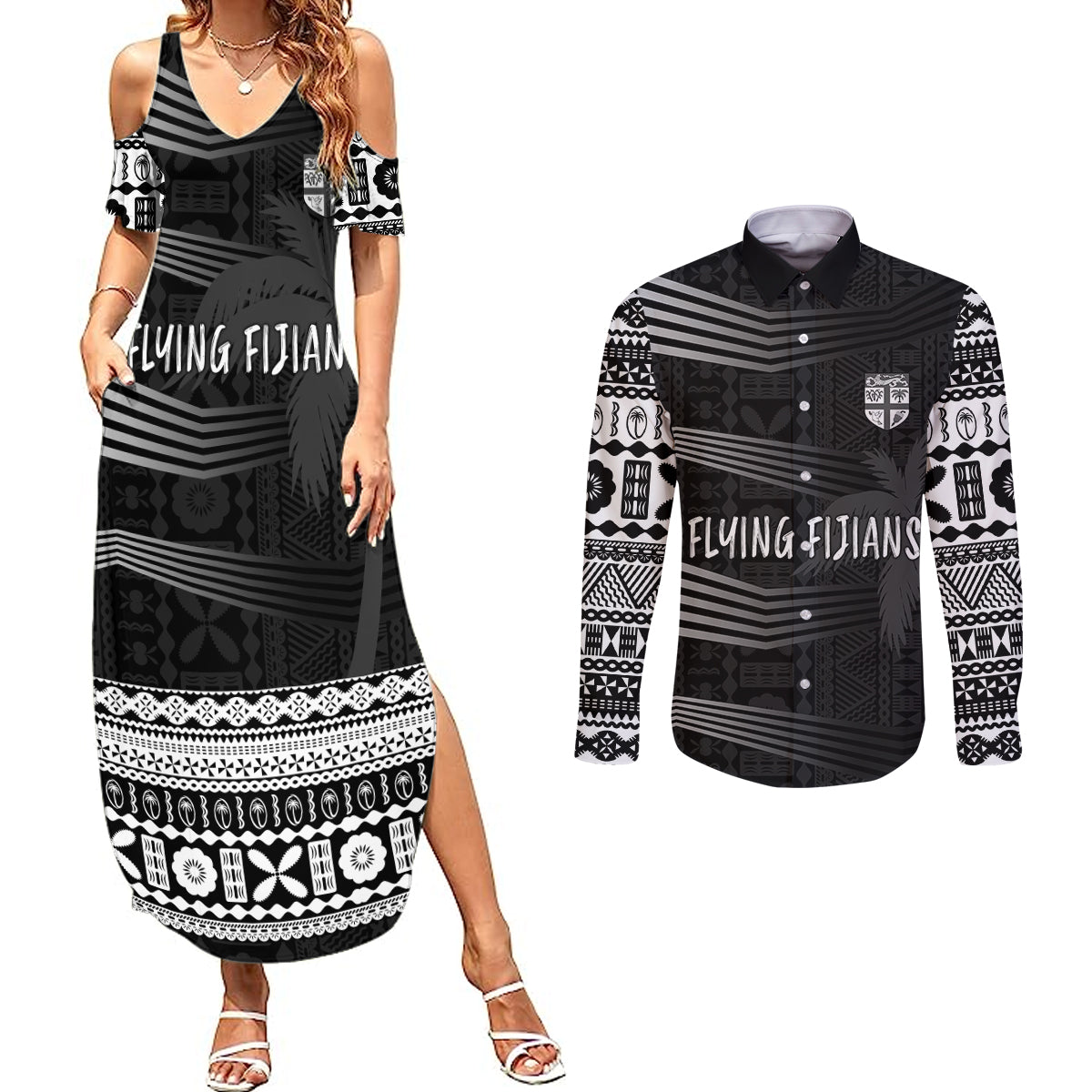 Personalised Fiji Rugby Couples Matching Summer Maxi Dress and Long Sleeve Button Shirts Kaiviti WC 2023 Jersey Replica - Black LT7 - Wonder Print Shop