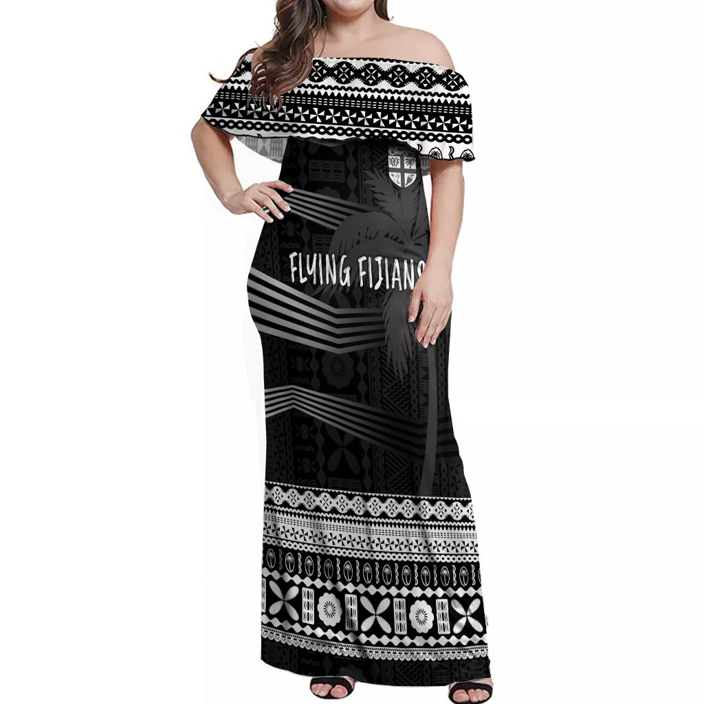 Personalised Fiji Rugby Off Shoulder Maxi Dress Kaiviti WC 2023 Jersey Replica - Black - Wonder Print Shop