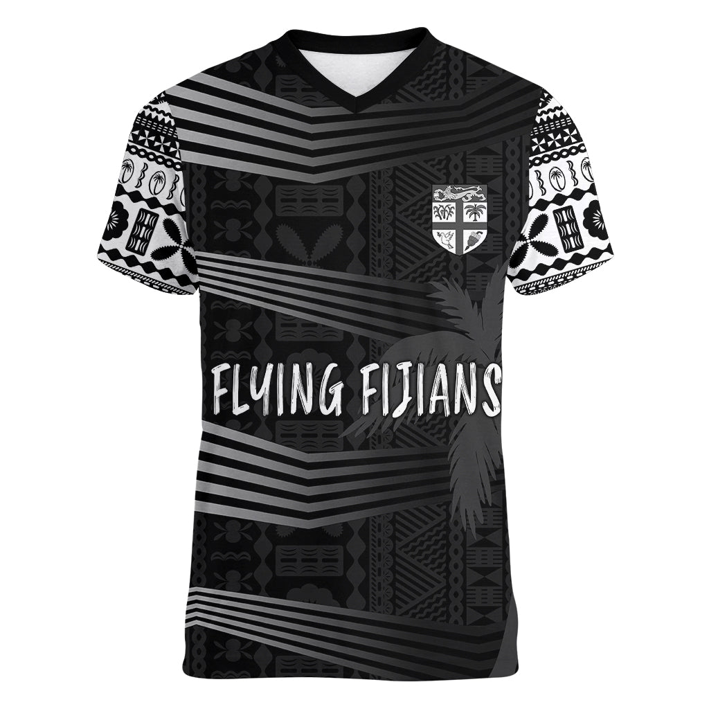 Personalised Fiji Rugby Women V Neck T Shirt Kaiviti WC 2023 Jersey Replica - Black - Wonder Print Shop