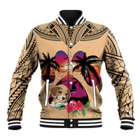 Tan baseball jacket with black-and-white striped ribbed collar and cuffs, dog graphic front