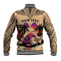 Tan baseball jacket back with 'YOUR TEXT', dog and palm tree print, striped ribbed cuffs