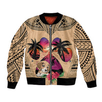 Beige bomber jacket with zipper, tribal sleeve print, beagle and palm sunset graphic