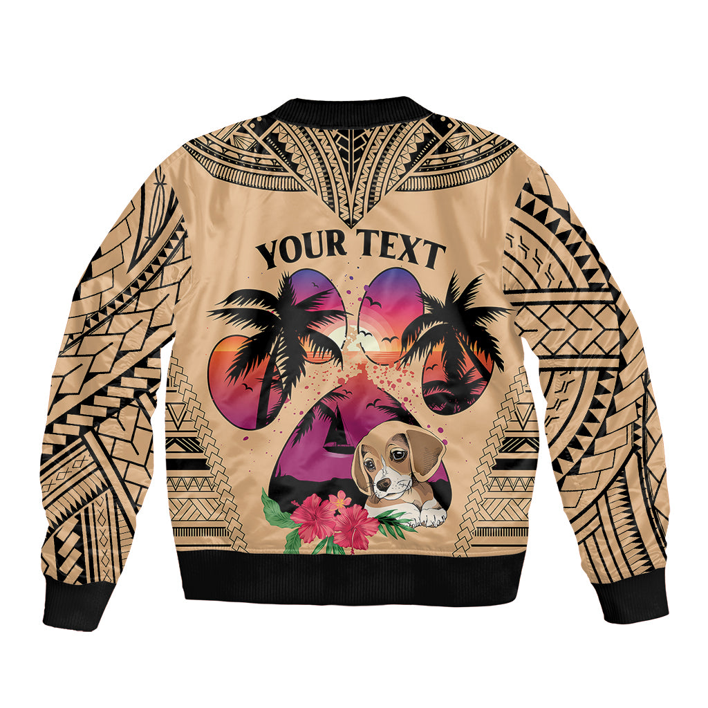 Beige bomber jacket with zipper, YOUR TEXT, tribal pattern sleeves, beagle palm sunset
