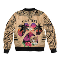 Beige bomber jacket with zipper, YOUR TEXT, tribal pattern sleeves, beagle palm sunset