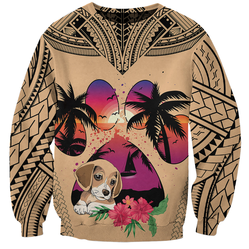 Tan unisex sweatshirt with beagle dog and tropical sunset graphic, full print sleeves