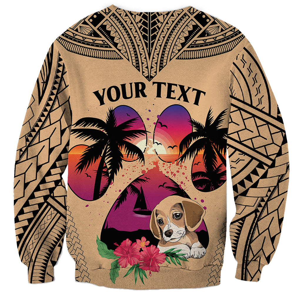 Tan unisex sweatshirt with beagle dog and palm sunset graphic plus bold “YOUR TEXT”