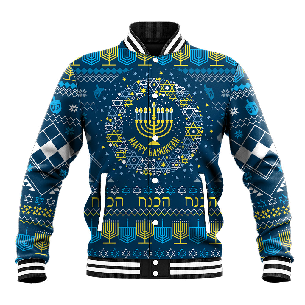 Men's blue Hanukkah baseball jacket with menorah and gold star pattern