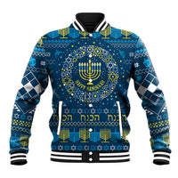 Men's blue Hanukkah baseball jacket with menorah and gold star pattern