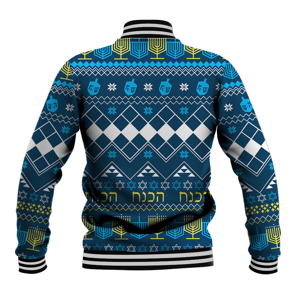 Men's blue Hanukkah baseball jacket back with geometric holiday motifs