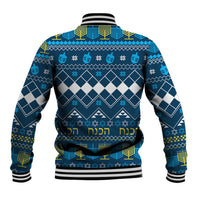 Men's blue Hanukkah baseball jacket back with geometric holiday motifs
