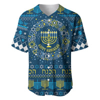 Men's blue Hanukkah baseball jersey with menorah, stars, and Hebrew text