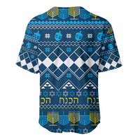 Men's blue Hanukkah baseball jersey back design with geometric patterns and Hebrew text