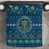 Blue bedding set with menorah, Star of David, 'Happy Hanukkah' text and borders