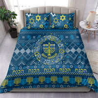 Blue bedding set with two pillowcases: menorah and Star of David, 'Happy Hanukkah'