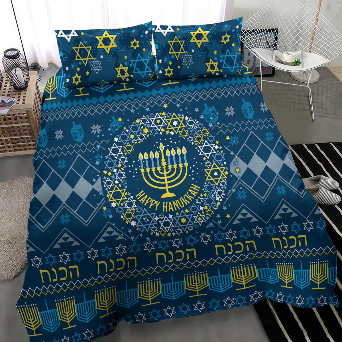 Blue bedding set close-up with circular menorah wreath, Star of David pattern, 'Happy Hanukkah'