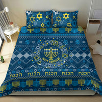 Blue bedding set with two pillowcases, menorah wreath and Star of David geometric border