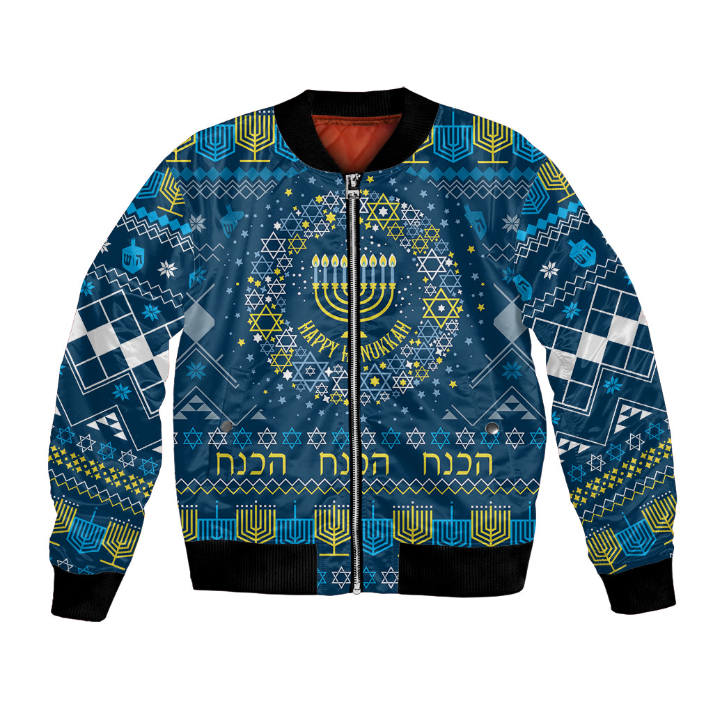 Blue unisex bomber jacket with Hanukkah menorah and geometric lights graphic, full zip