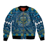 Blue unisex bomber jacket with Hanukkah menorah and geometric lights graphic, full zip