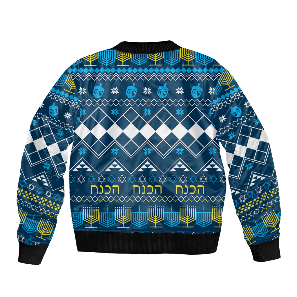 Blue unisex bomber jacket with Hanukkah geometric pattern and menorah lights, ribbed hem