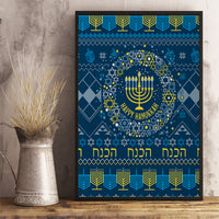 Blue Hanukkah canvas wall art with black frame, menorah and Star of David wreath