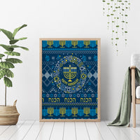 Blue Hanukkah canvas wall art with wooden frame, menorah and Star of David wreath