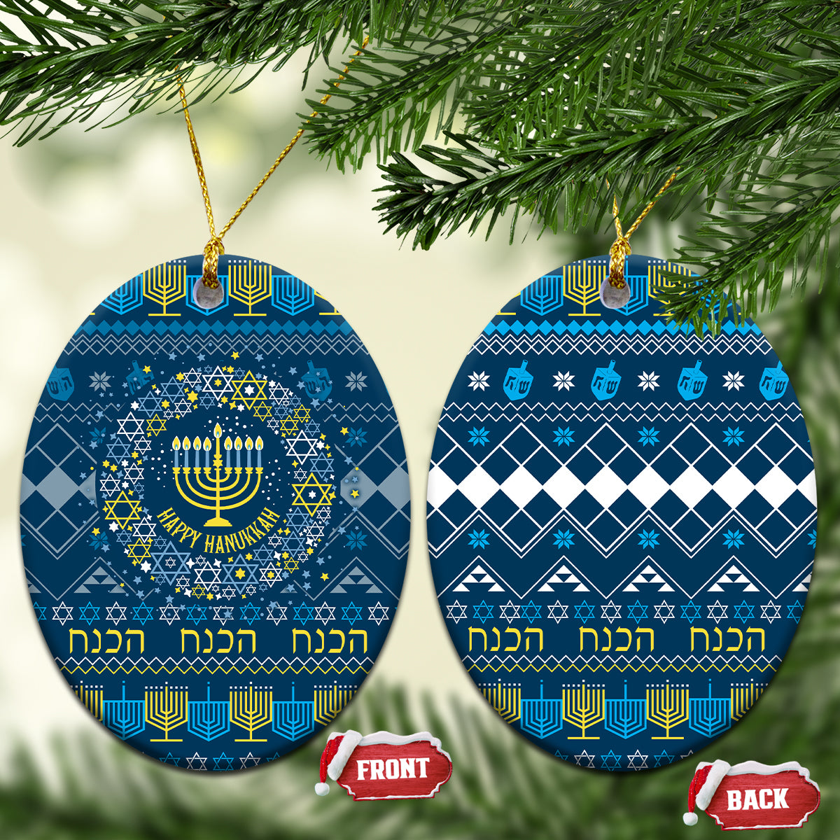 Blue ceramic Hanukkah ornament pair, round menorah pattern with gold hanging loop.