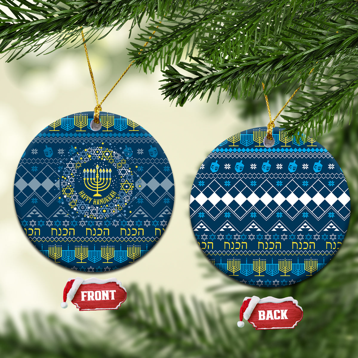 Blue ceramic Hanukkah menorah ornament set, round design with gold hanging loop.
