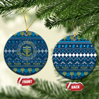 Blue ceramic Hanukkah menorah ornament set, round design with gold hanging loop.