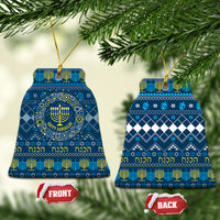 Blue ceramic Hanukkah ornament set, bell shape with menorah pattern and gold hanging loop.