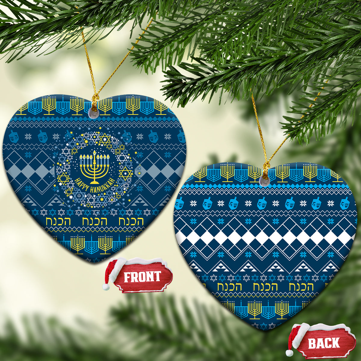 Blue ceramic Hanukkah ornament set, heart shape with menorah pattern and gold hanging loop.